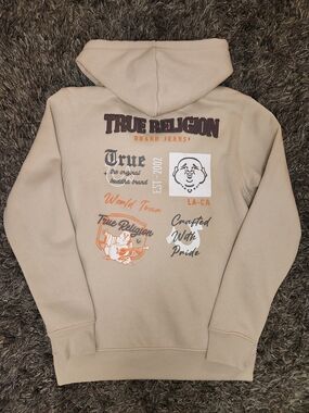 True Religion Zip Hoodie Sweatshirt New w/ Tags  Graphic Back Prints Orange Grey